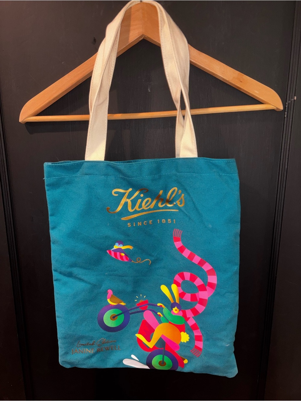 Kiehl’s Limited Edition Janine Rewell Canvas Tote Bag Teal Skeleton Graphic